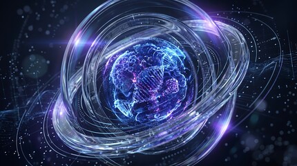 Fototapeta premium Futuristic Digital DNA Helix Inside a Glowing Abstract Orbital Sphere Representing Advanced Biotechnology and Genetic Science Research