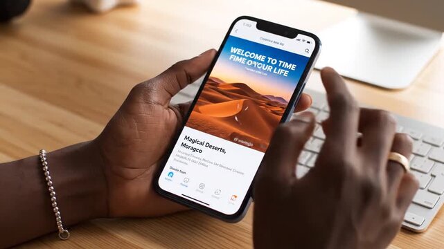 Person's hands holding smartphone displaying travel app on wooden desk