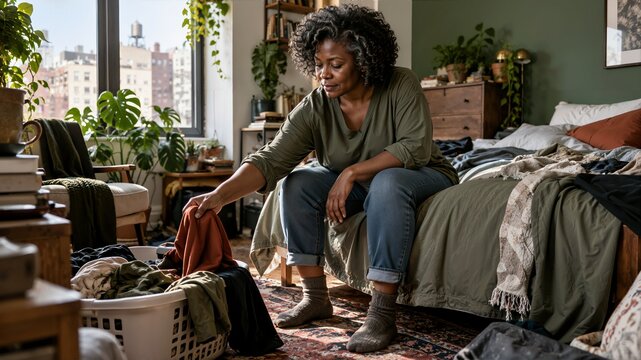 Mature Black woman picking clothes from laundry basket in bedroom. Managing household clutter and executive dysfunction concept