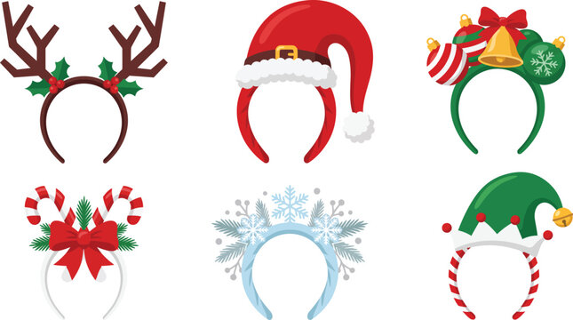 festive Christmas holiday headbands and photo booth props vector illustrations