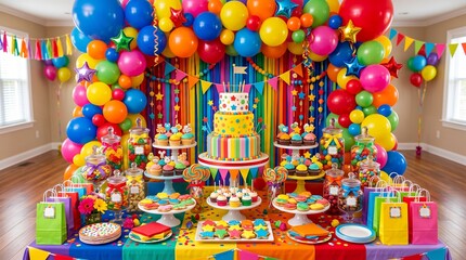 Fototapeta premium Colorful balloons at a traditional children's birthday party, vibrant decor and festive display of party favors, concept of a colorful festive celebration