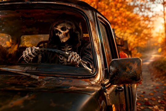 Halloween Skeleton Driving a Car
