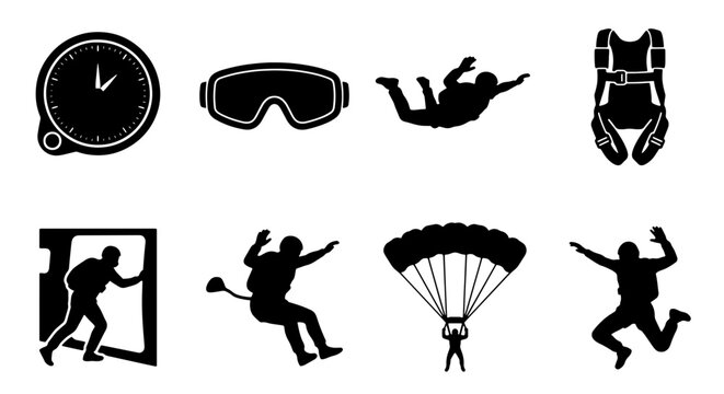 Skydiving Icons Set: Parachuting, Jumps, Gear, Clock, Goggles, Vector Graphics