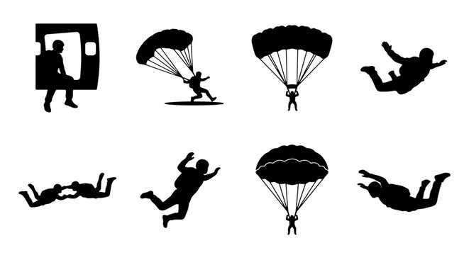 Skydiving Silhouettes: Parachuting, Freefall, and Tandem Jumps Vector Icons