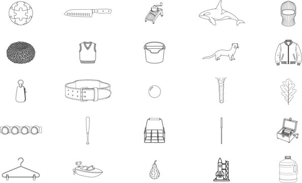 Collection of 25 black outline vector icons featuring orca knife bomber jacket belt rocket hanger speedboat bucket vest ball bat gourd jug weasel carrier and leaf for assorted daily object use