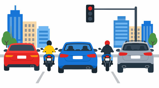 Red blue and grey passenger vehicles with two motorcycle commuters waiting at red traffic stoplight along urban street roadway in modern city transportation vector illustration on background