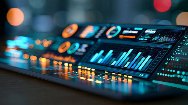 Futuristic financial dashboard with glowing charts, KPI indicators, revenue metrics and abstract data streams on a dark background, business intelligence, financial technology,