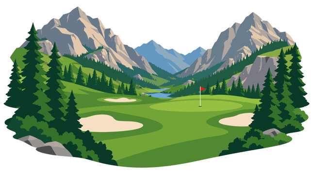 Panoramic lush green golf course fairway with red pin flagstick sand bunkers and pine forest nestled in scenic mountain valley with lake in outdoor sports recreation flat vector illustration