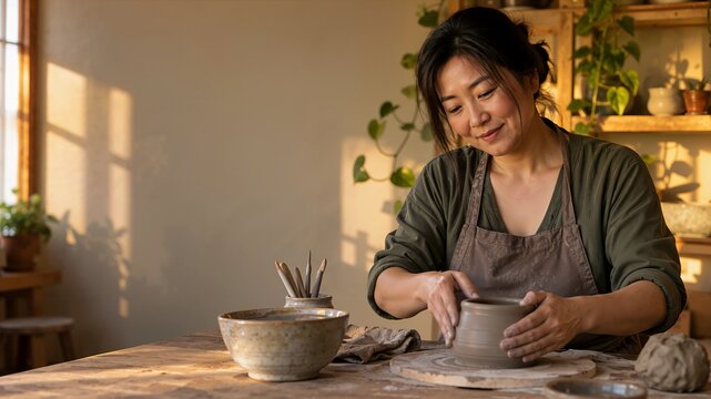 Smiling woman crafting handmade ceramic pot on wooden studio table. Artisan shaping wet clay during relaxing pottery workshop