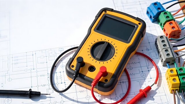 Digital multimeter with test leads on electrical wiring diagram