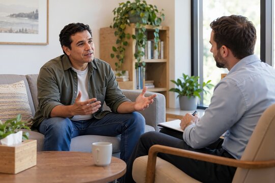 Hispanic man talking to male therapist during counseling session. Mental health, guidance and communication concept