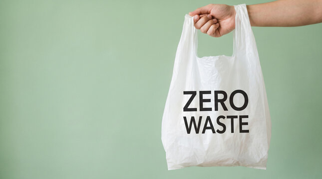 Cropped image of a person's hand holding a white plastic grocery bag with "ZERO WASTE" text printed on it, isolated against a solid light green background.