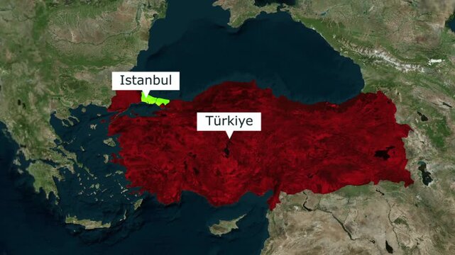 Map of turkiye highlighting istanbul city location from satellite view with istanbul