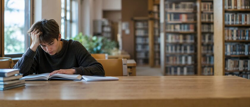 Stressed student reading book at wooden table in library. Young man struggling with study strain and fatigue. Copy space