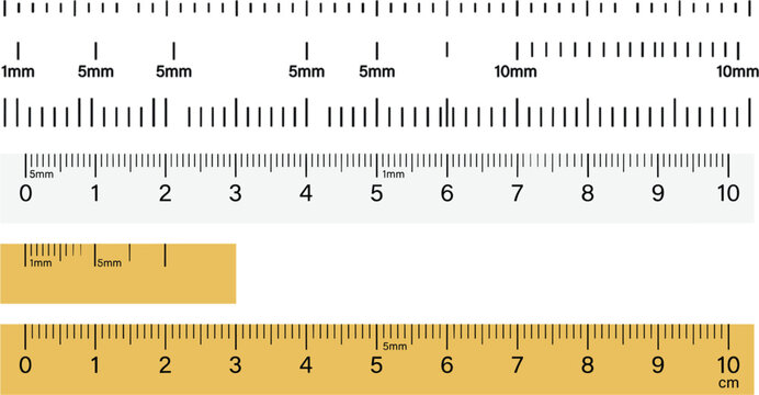 Ruler Metric Scale Vector Set featuring Millimeter, Centimeter, and Decimeter Markings with Wooden and White Measuring Tool Templates for Technical Precision Design