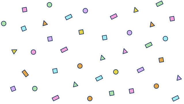 Colorful geometric confetti pattern with pastel circles, triangles, and squares scattered on a transparent background, perfect for festive celebration backdrops and back to school posters