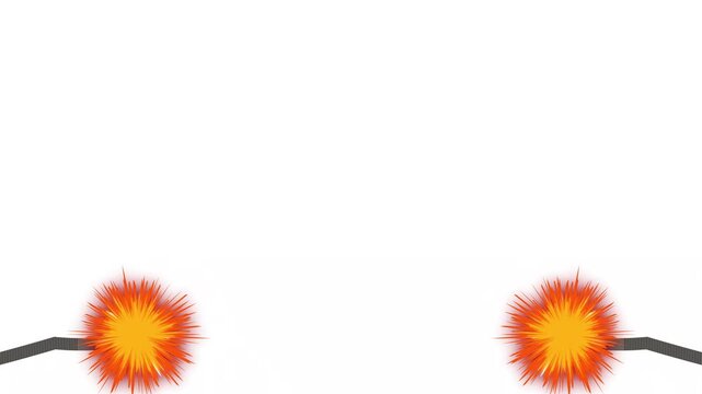 Glowing orange spark burning down bomb fuse wire, dynamic 2D vector graphic animation, danger warning signal, bright fire spark moving downward on wavy line on white background. 4k video