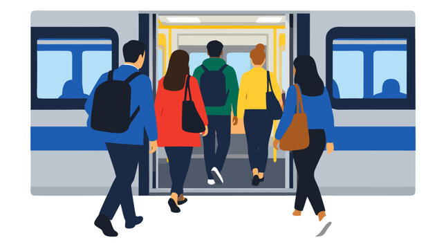 Group of diverse passengers and commuters carrying backpacks board an underground subway train carriage through open doors in this public transport vector illustration on plain white