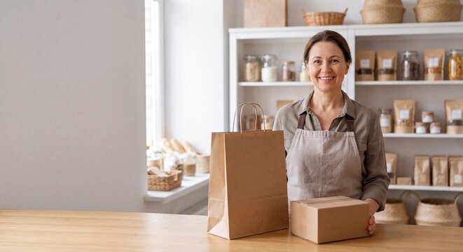 Smiling Small Business Owner with Order Parcel and Shopping Bag at Counter