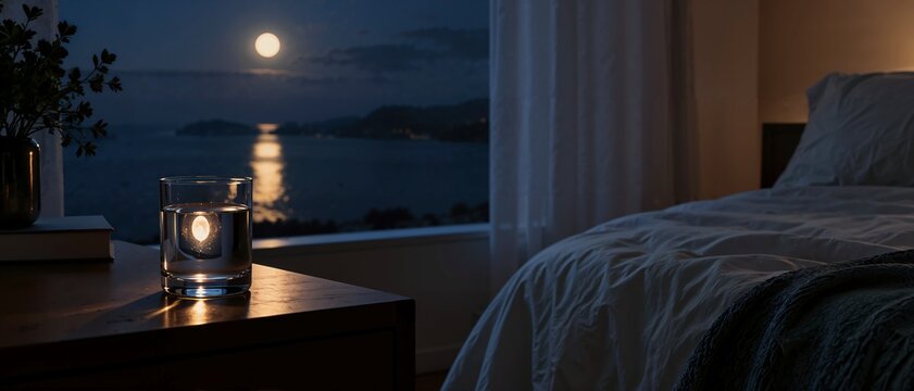 Full moon reflecting in glass of water on bedside table by window overlooking sea. Insomnia and nighttime stillness concept. Untouched bed at night