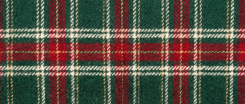 Forest green and red plaid wool fabric texture. Close-up of traditional woven tartan textile. Warm winter clothing and festive Christmas background