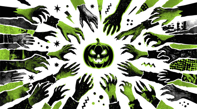 Vintage horror zombie hands reaching for Halloween pumpkin, retro grunge undead monster arms, spooky green and black jack-o-lantern vector illustration