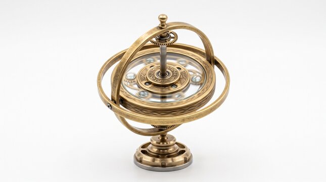 Antique brass armillary sphere model with celestial rings displayed on reflective pedestal