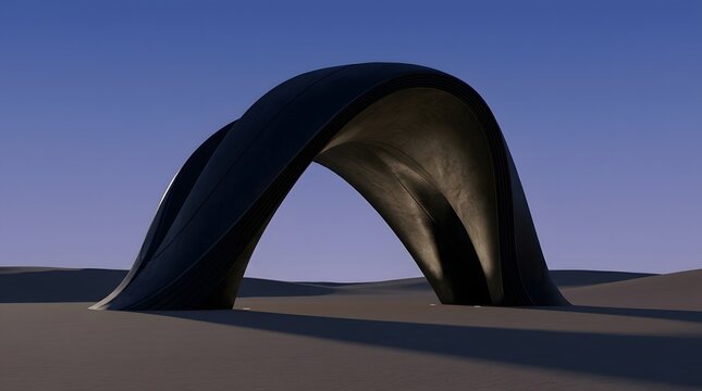 Abstract dark arch structure standing in a barren desert landscape under a deep blue twilight sky, creating a conceptual and mysterious architectural form.