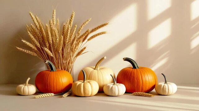 Orange and white pumpkins with wheat ears on beige background in sunlight. Autumn harvest still life. Thanksgiving and fall season decoration concept.