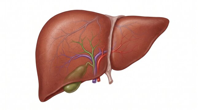 Anatomical illustration of human liver with gallbladder and bile ducts in isolated medical background