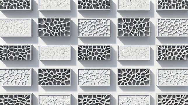 Abstract geometric wall panel design with repeating rectangular cells and organic Voronoi patterns for modern architectural interior decoration