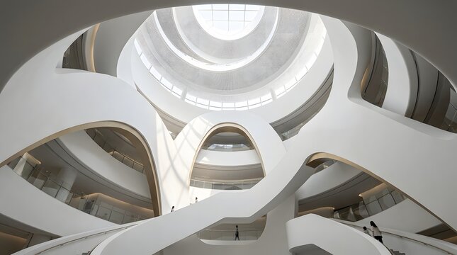 Low angle view of a modern white atrium with curved architectural lines and a central skylight in a contemporary office building interior