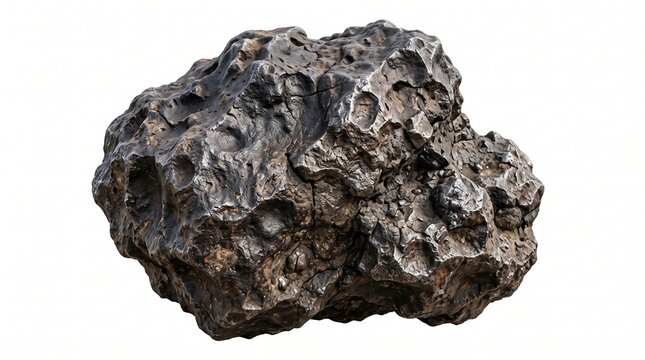 Rough meteorite specimen with porous texture displayed on clean studio background