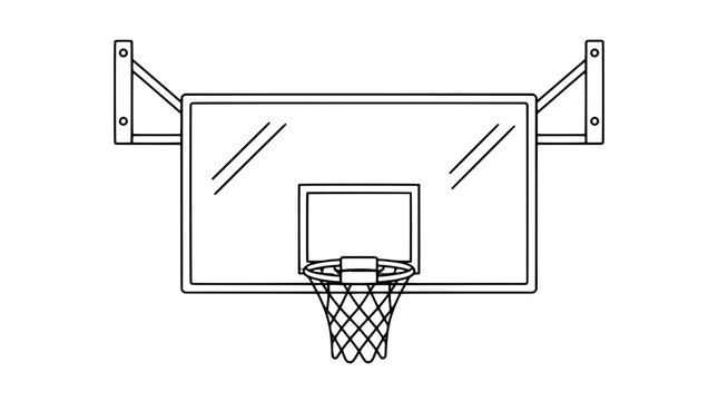 Black outline vector icon of a wall-mounted basketball hoop with rectangular backboard and net drawn with thin black lines in frontal centered composition showing support brackets and target square