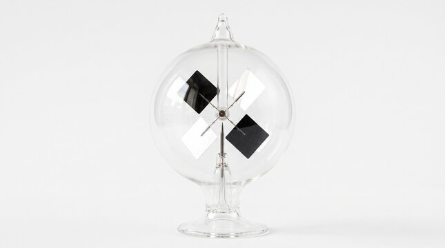 Clear glass crookes radiometer with black vane elements suspended inside transparent sphere on metal stand