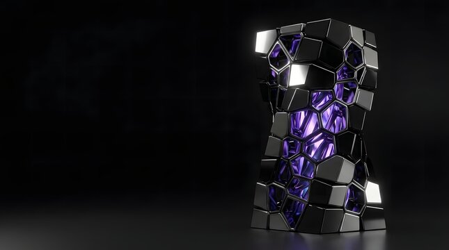 Abstract geometric sculpture featuring black metallic blocks and glowing purple crystal clusters isolated on a dark background