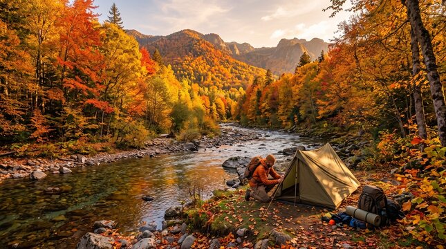 Hiker setting up tent