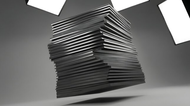 Abstract stack of dark metallic plates floating in a minimalist studio setting for modern industrial design and technology concepts