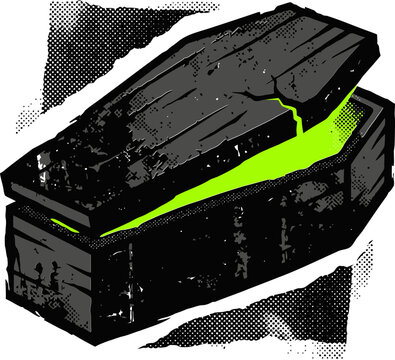 Vintage grunge coffin illustration, spooky wooden casket with glowing green light, gothic horror cemetery vector art for Halloween