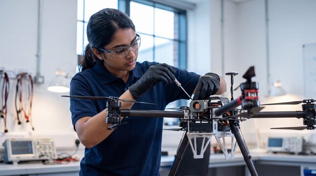 Young Indian aerospace engineer adjusting thermal sensor on heavy industrial hexacopter drone in modern tech lab, copy space hero banner