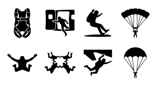 Skydiving Icons Set: Parachuting, Freefall, and Equipment Vector Graphics Collection