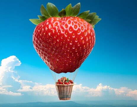 a strawberry hot air balloon with a berry filled basket on background