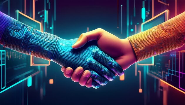 pixelated hands reaching out from screens to shake in a virtual handshake symbolizing online collaboration and connection concept of virtual partnerships generative ai