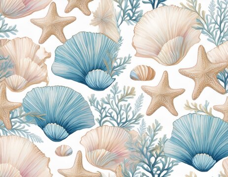 seamless repeating pattern sea stars coral and shells in light beige blue pastel colors on a white background coastal design seamless tile endless print