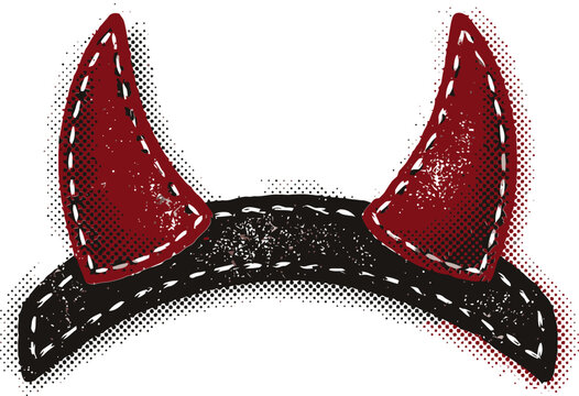 Red devil horns headband vector, stitched leather demon costume accessory, vintage grunge halloween headpiece with halftone texture