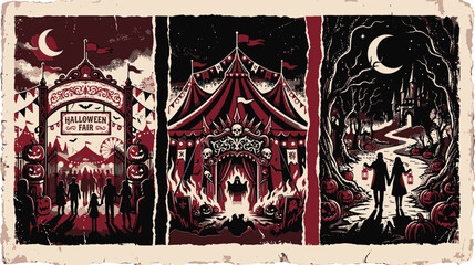Vintage Halloween carnival posters set, spooky circus fair illustrations with pumpkins and skulls, dark gothic autumn festival vector art © 成 sнıηяα тєηsєı ツ