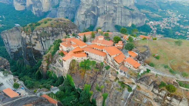 Meteora, Kalabaka, Greece. Monastery of the Transfiguration of the Saviour. Meteora - rocks, up to 600 meters high. There are 6 active Greek Orthodox monasteries listed on the UNESCO list. Drone foot