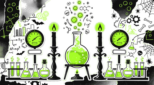Gothic alchemy laboratory vector illustration, spooky mad scientist chemistry experiment with green toxic liquid, vintage occult science lab background