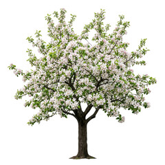 Obraz premium A blooming apple tree, isolated on transparent background, with delicate white flowers and green leaves