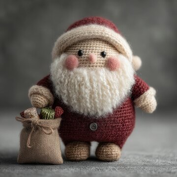 Christmas holiday celebration and festive gift giving handmade crochet Santa Claus doll with a small burlap sack of presents on a dark textured background
